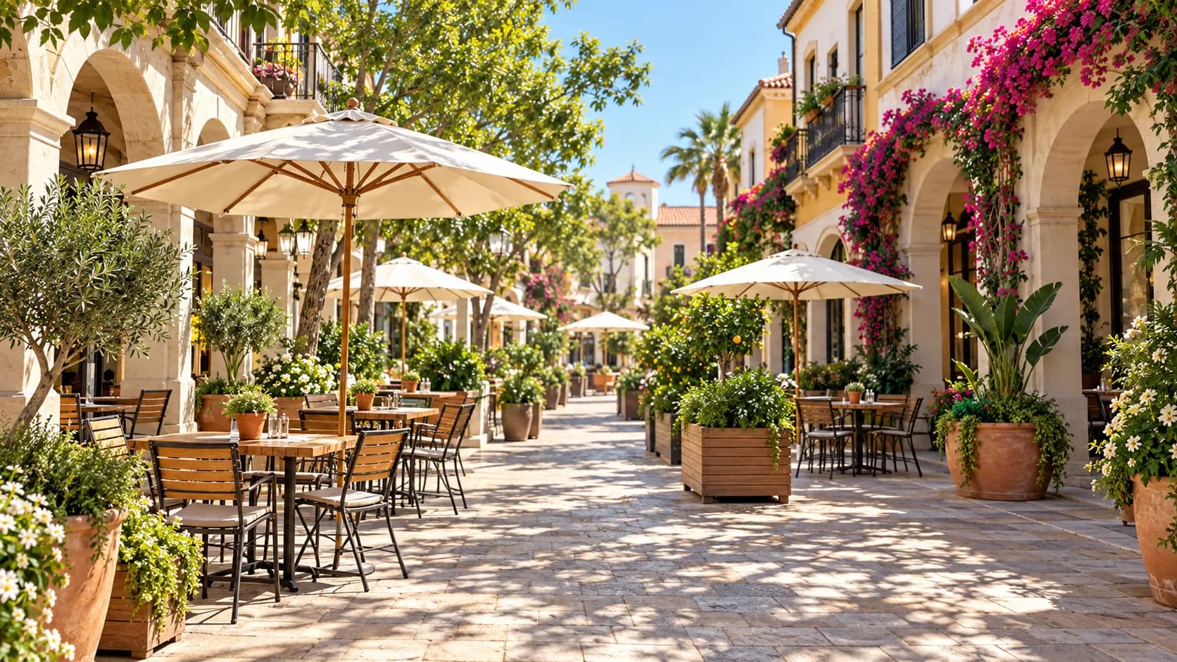 A pedestrianised restaurant street with outdoor tables under umbrellas and trees