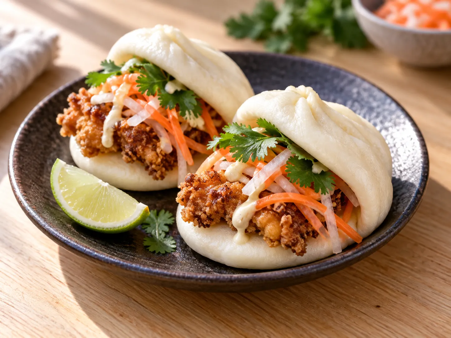 A steamed bao bun split open with crisp fried filling on a small plate