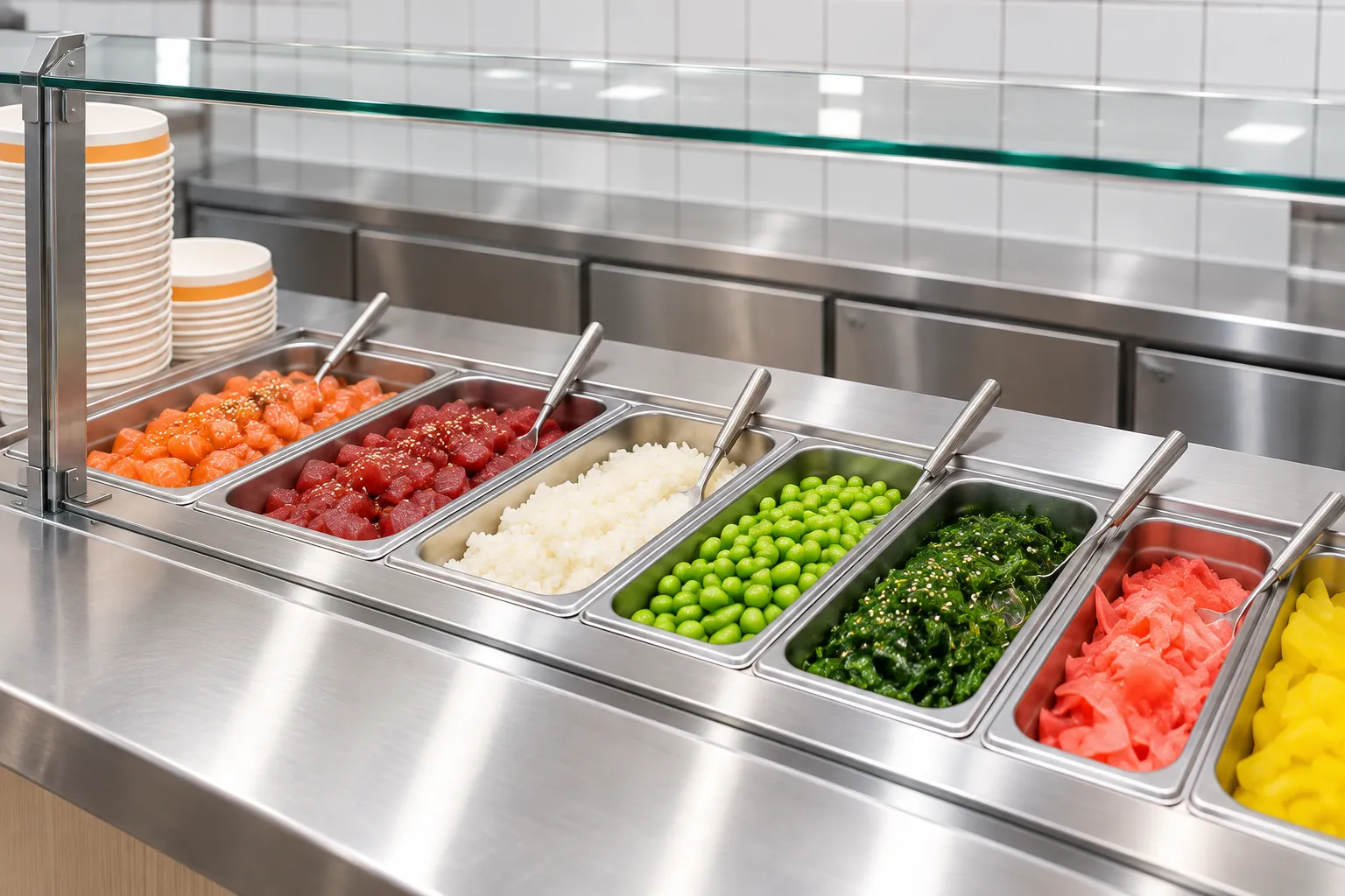A bright fast-casual counter with stainless steel wells of prepared ingredients behind glass