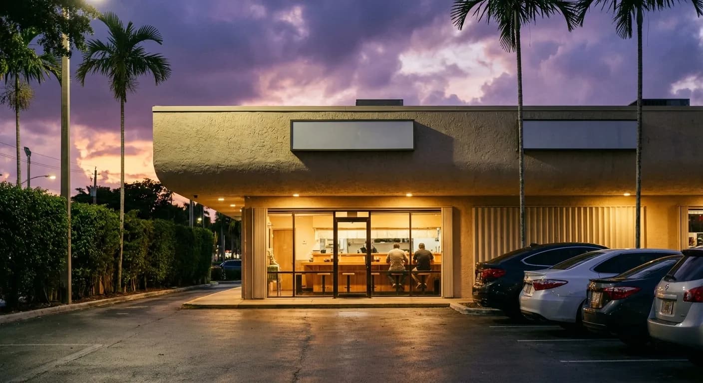 A small Japanese noodle restaurant lit up in a South Florida shopping plaza at dusk, cars parked nose-in beneath tall thin palms