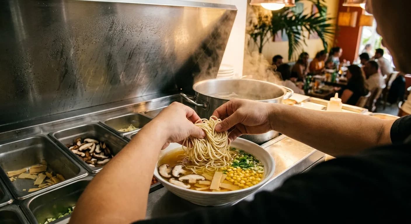 A cook's hands lowering noodles into a bowl of clear golden vegetable broth at the pass of a small Miami noodle kitchen