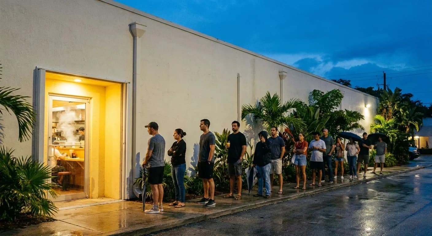 Eleven people queuing along a stucco frontage outside a small Miami noodle counter at dusk, warm steam-filled doorway ahead