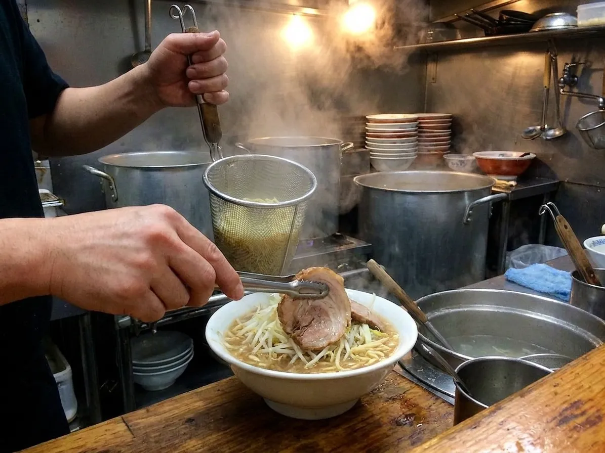 A ramen cook's hands lifting a noodle basket from boiling water and placing pork with tongs, steam catching the overhead light