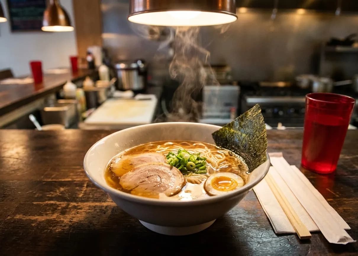 A bowl of shoyu ramen on a dark wood counter in a small Miami shop, amber broth with thin noodles, pork slices, half an egg and nori, steam rising under a warm pendant light
