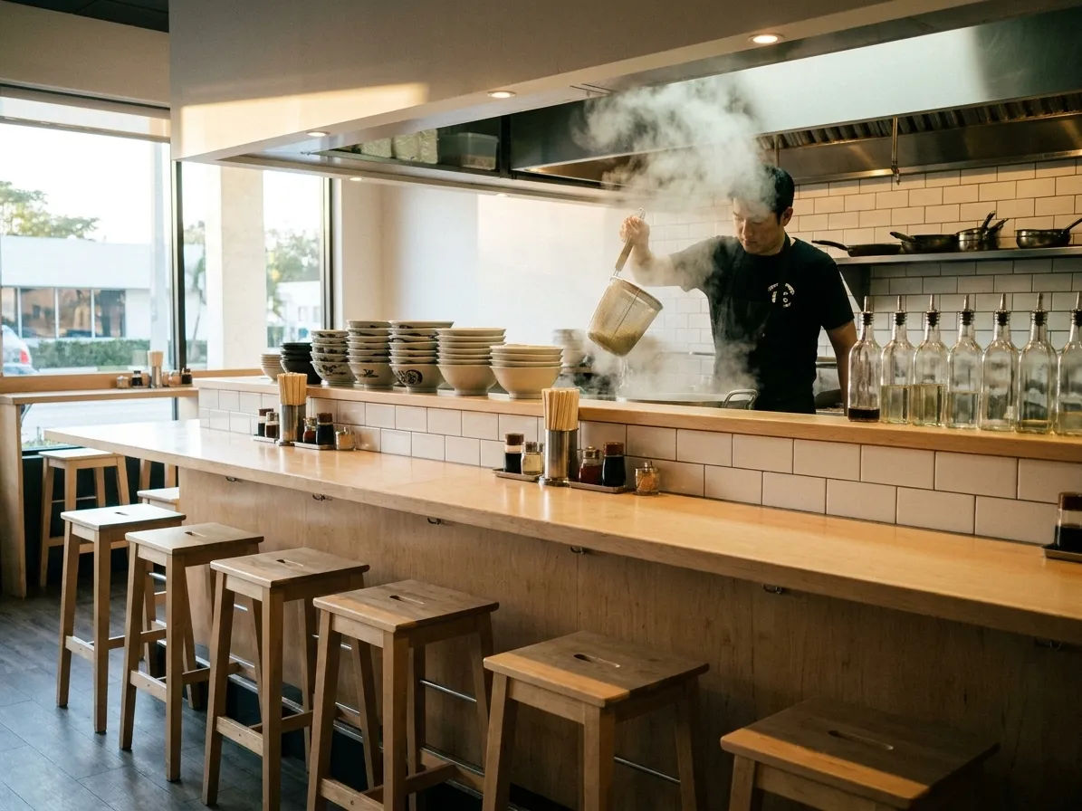 A compact Miami ramen shop in the early evening, six stools at a pale wood counter facing an open kitchen where a cook lifts a noodle basket from boiling water in a cloud of steam