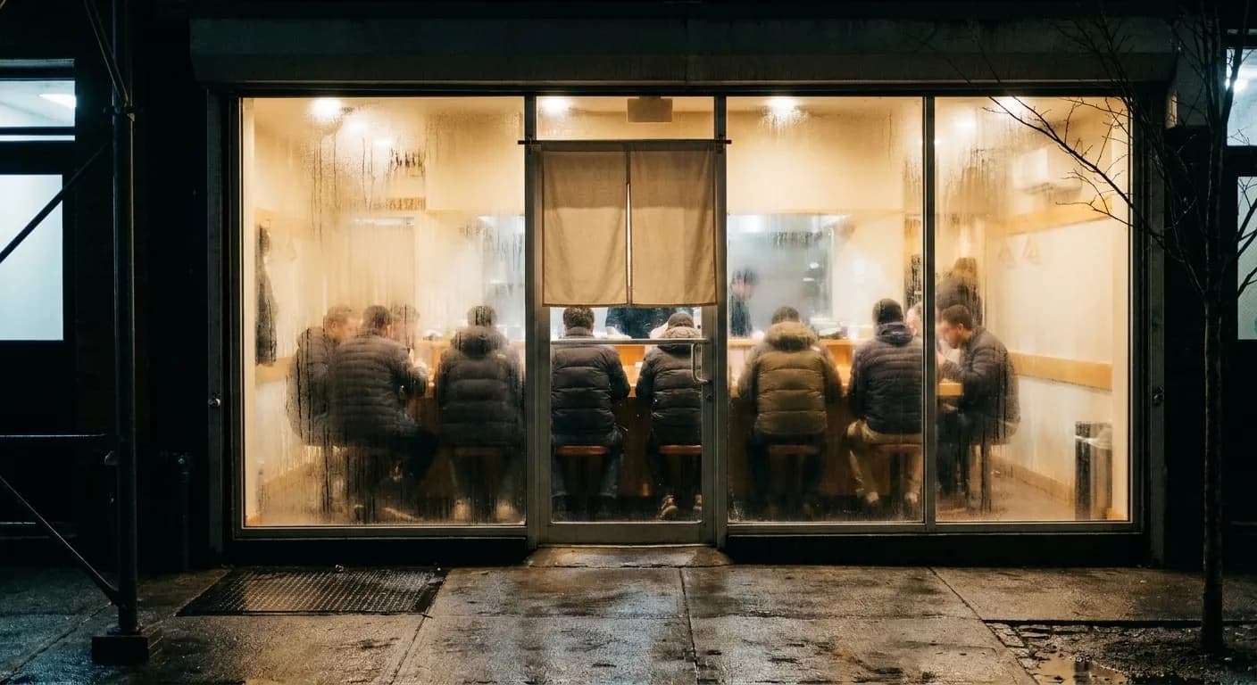 A narrow New York ramen shop at night seen through fogged plate glass, a warmly lit counter of seated diners and wet asphalt outside