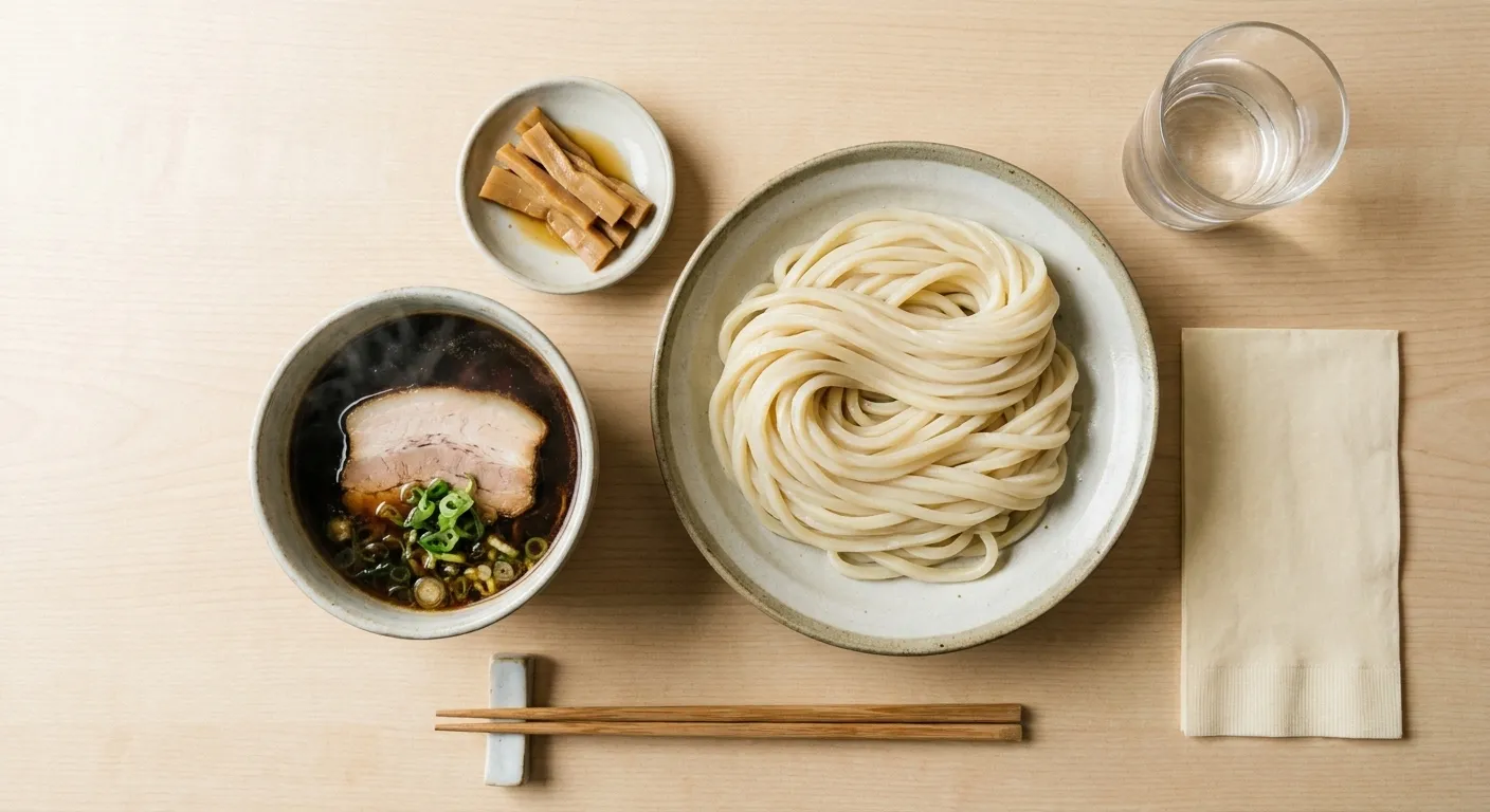 A dipping-noodle set shot from above on pale wood: coiled thick noodles, a dark bowl of concentrated broth, bamboo shoots and chopsticks
