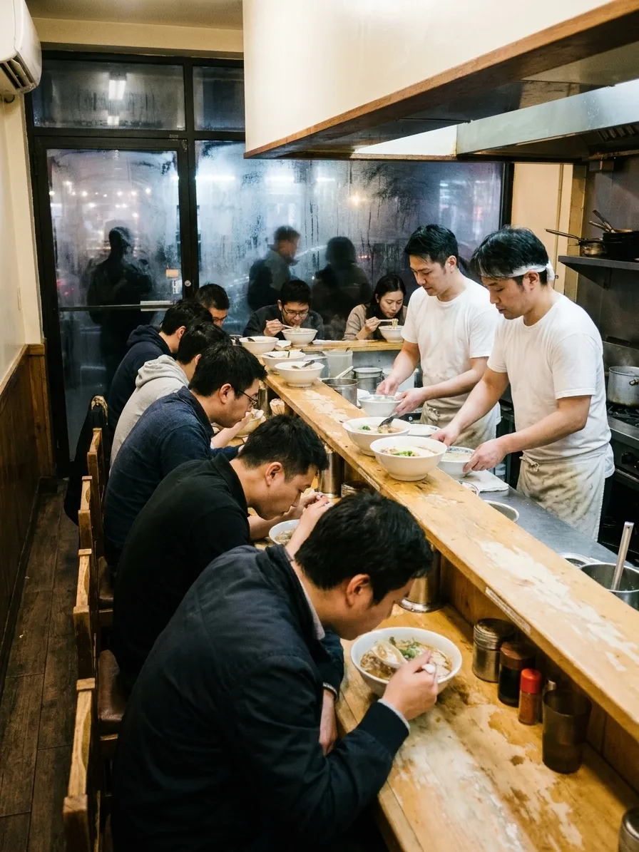 Eight full stools at a small New York ramen counter with steam rising from bowls and two cooks working the pass opposite