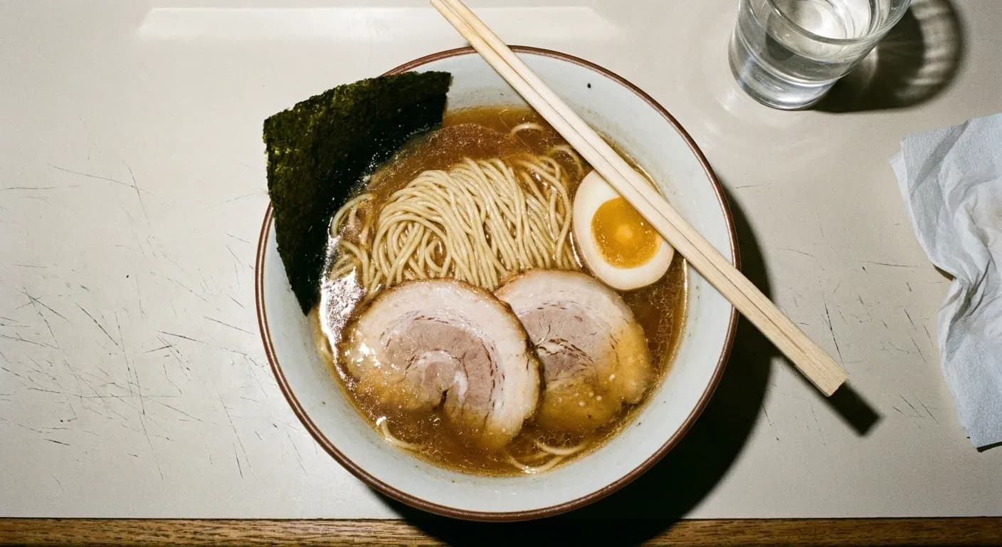 A modest bowl of ramen seen from above on a scratched laminate counter with chopsticks resting across the rim