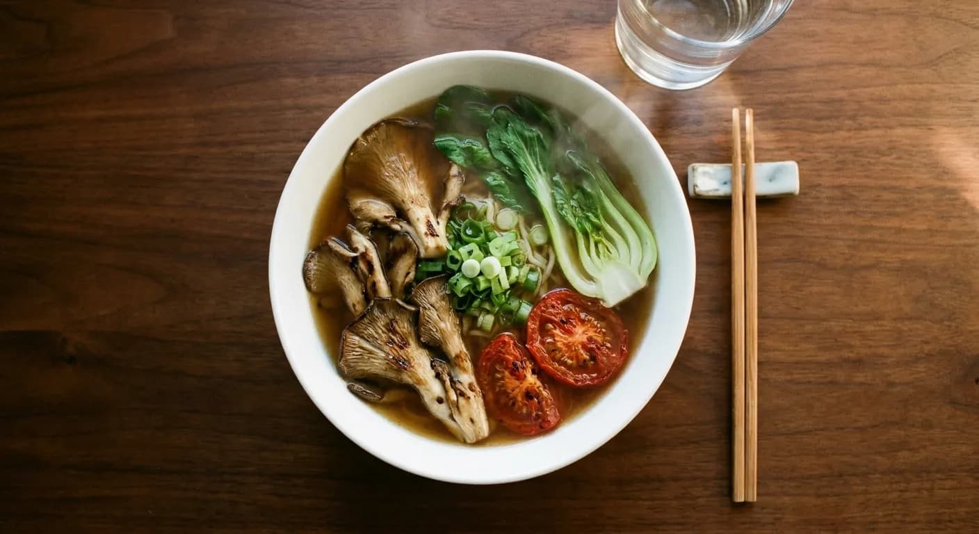 A meatless ramen bowl on a dark wooden counter with clear mushroom broth, grilled oyster mushrooms, roasted tomato halves, yu choy and scallion, steam rising