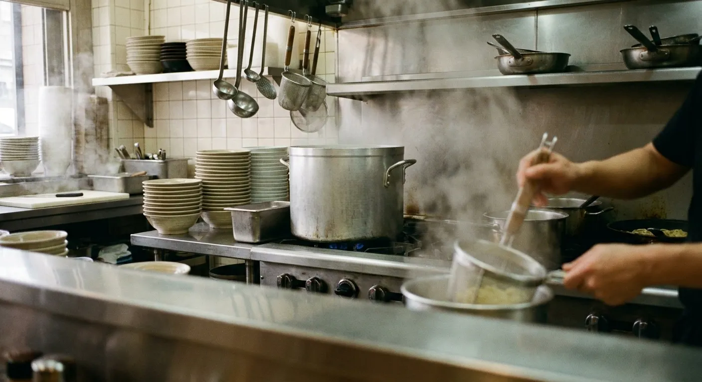 The view from a counter seat into a small New York noodle kitchen, a stockpot of clear vegetable broth steaming beside a rack of empty bowls and a noodle basket going into water