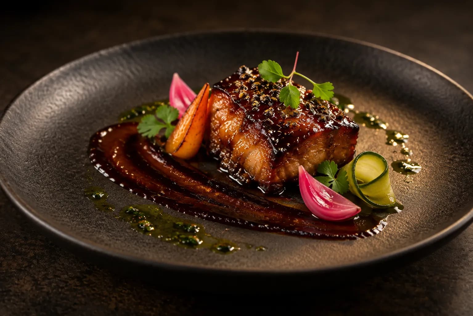 A composed plate with a piece of glazed protein, a smear of dark sauce and small pickled garnishes, on dark ceramic