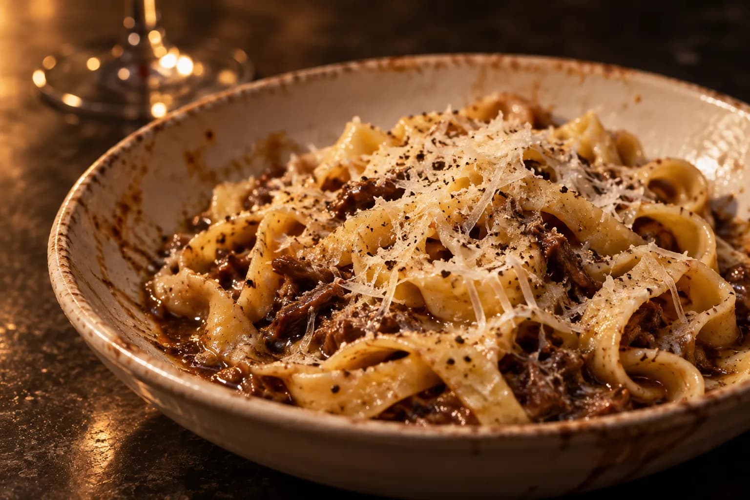 A shallow bowl of hand-cut pasta ribbons in a glossy sauce with grated cheese, photographed close under warm low light