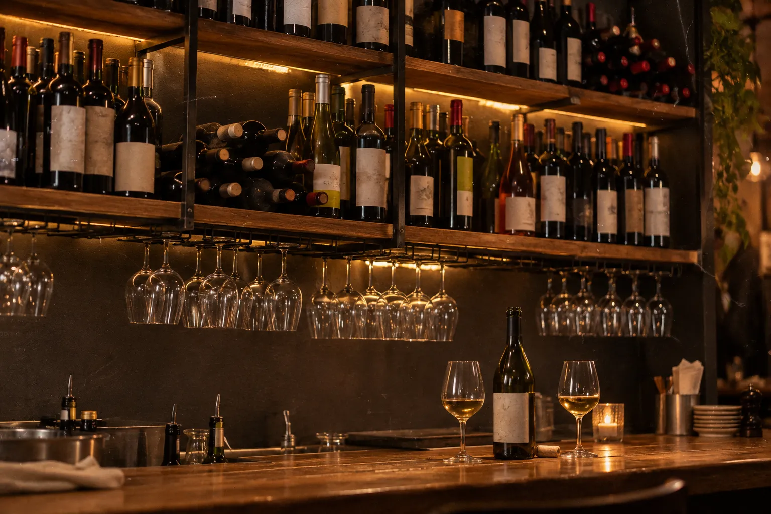 Shelves of wine bottles with hand-written labels above a narrow restaurant counter, glasses hanging beneath