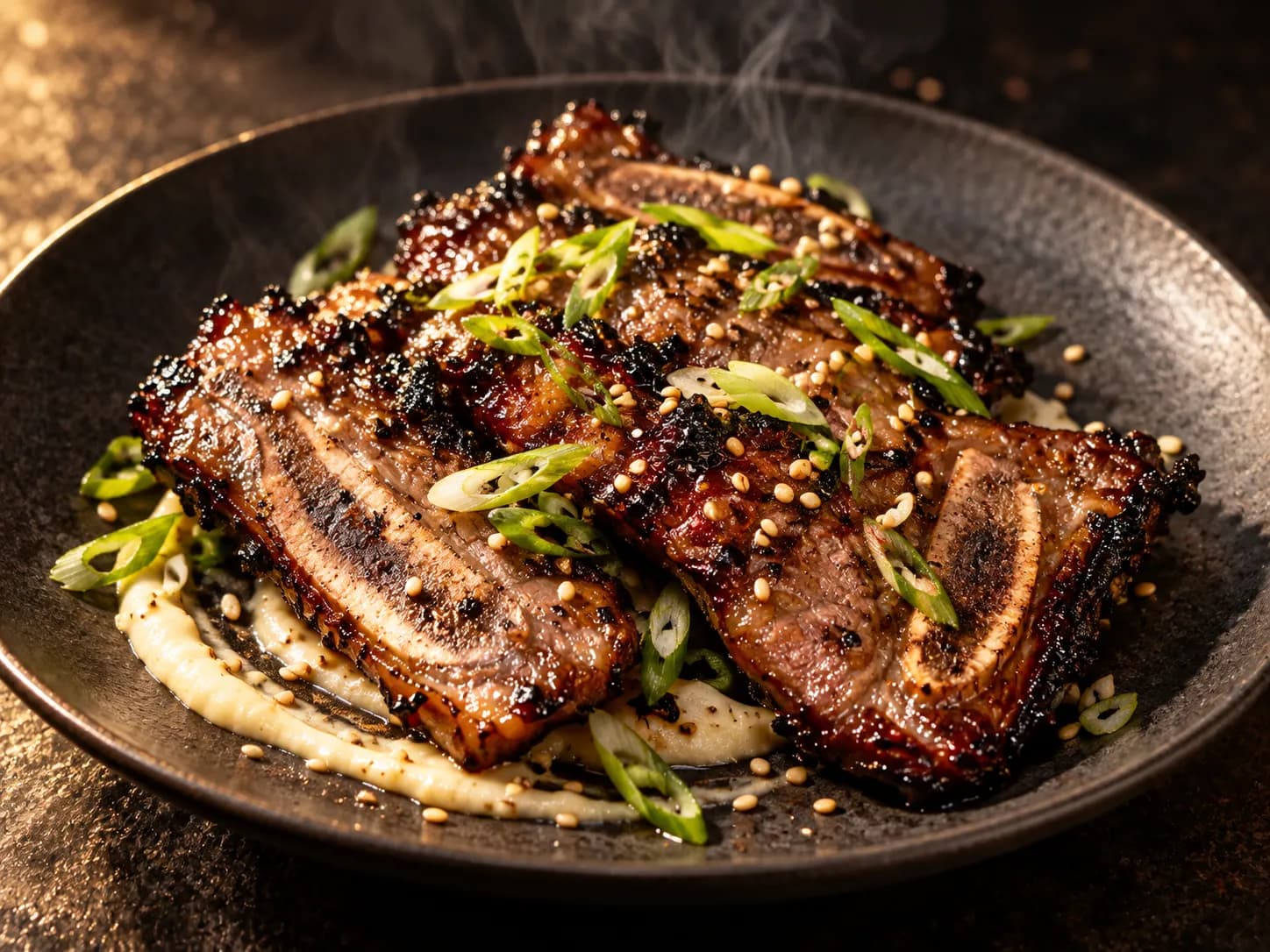 Charred short ribs glazed and sliced on a dark plate with sesame and spring onion scattered over