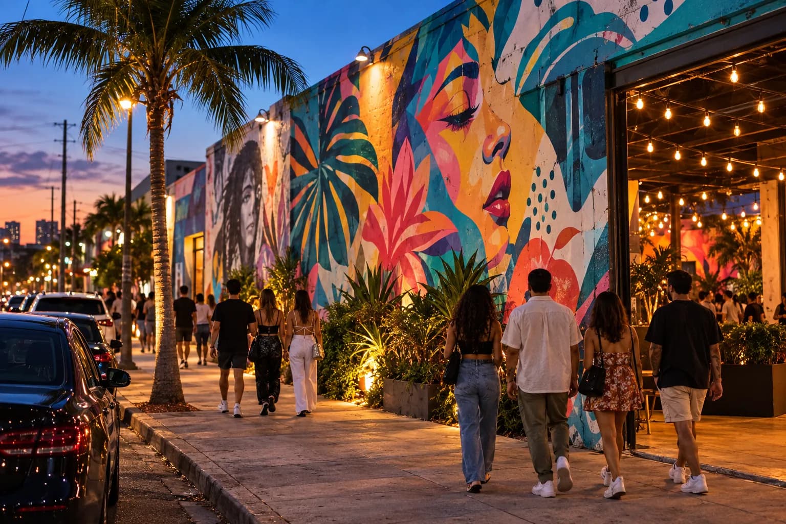 A Wynwood street at dusk, painted murals covering a warehouse wall and people walking past under string lights