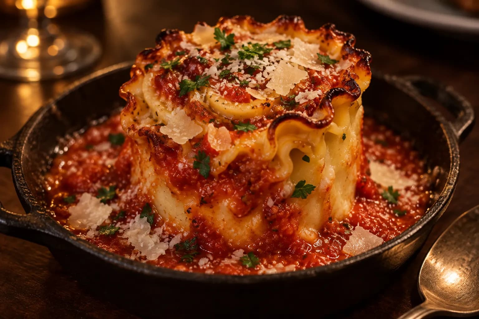 A rolled pinwheel of lasagna standing on end in a shallow dish, browned and crisp at the edges with sauce pooled beneath