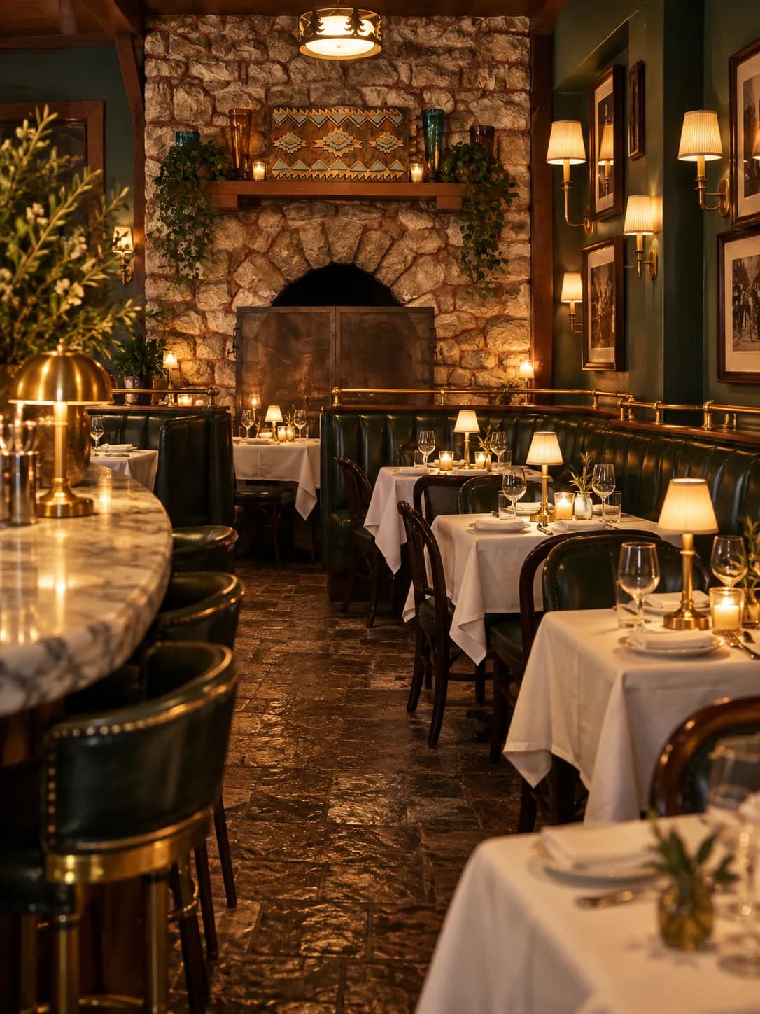 A small restaurant dining room with green banquettes, brass fittings and closely spaced tables under low warm light