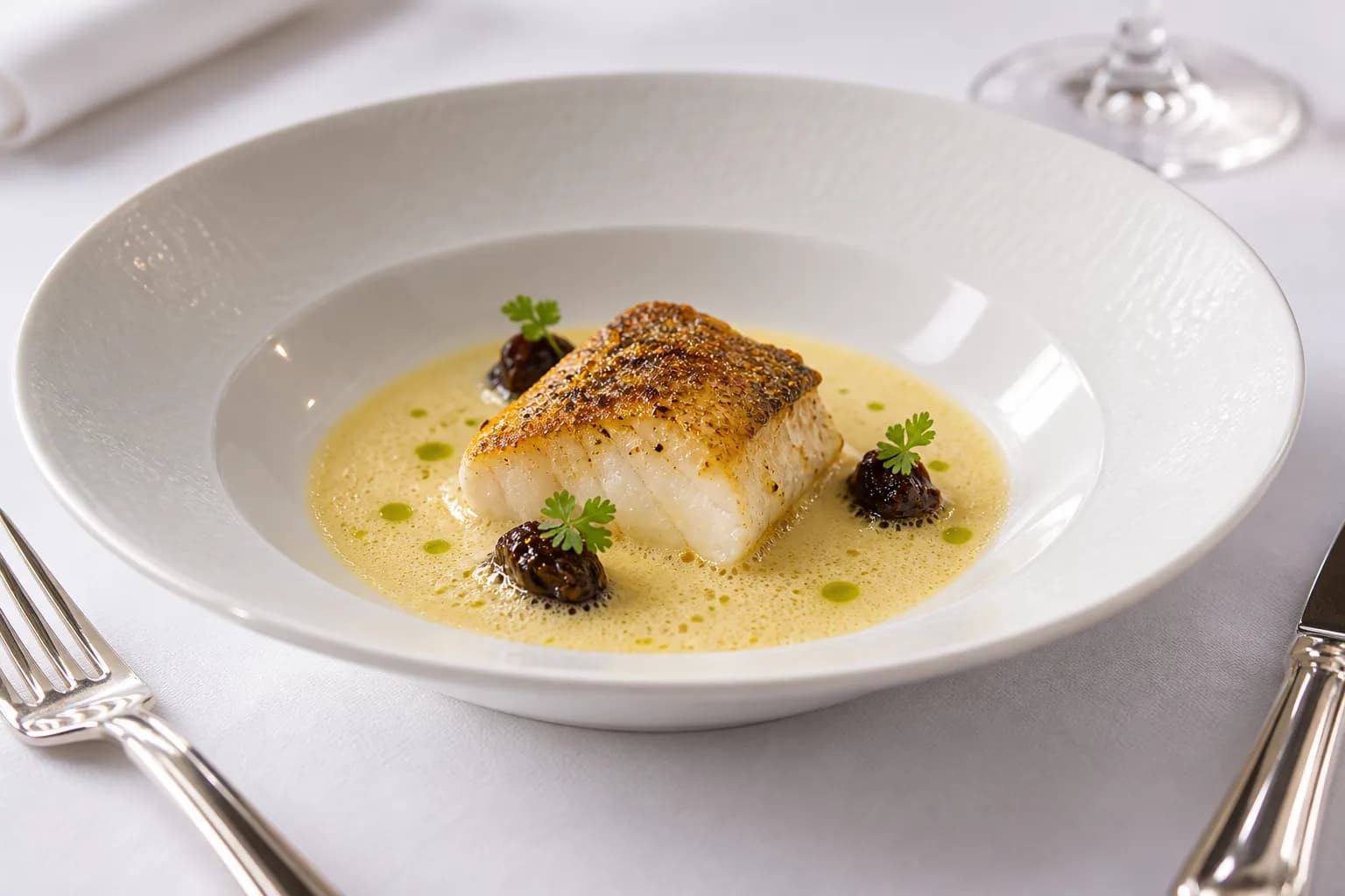 A precisely plated piece of white fish in a shallow bowl with a pale sauce poured around it and a few dark garnishes