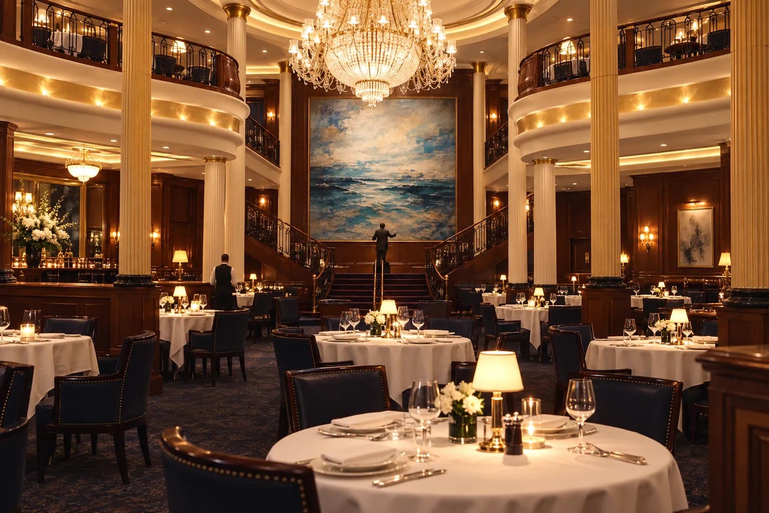 A formal dining room with widely spaced tables under white cloths, a large abstract seascape on the wall and dark wood panelling