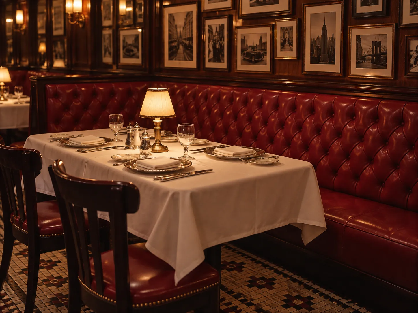 A red leather banquette and patterned tile floor in a dim mid-century restaurant, framed photographs on the wall above