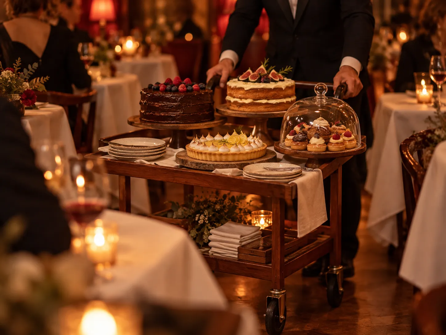 A dessert trolley of cakes and pastries under a glass dome being wheeled between tables in a dim dining room