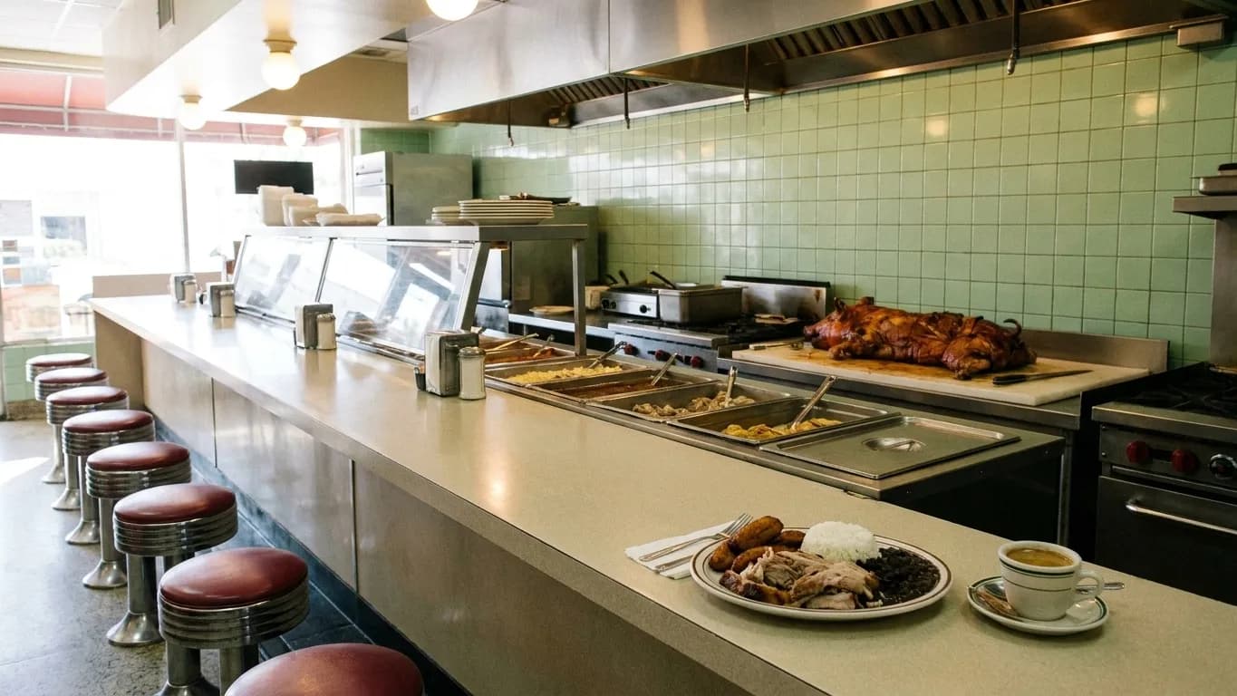 An old-school Cuban restaurant counter in Little Havana at lunchtime, a plate of roast pork with rice, black beans and plantains in the foreground and a carving board of pork behind the pass