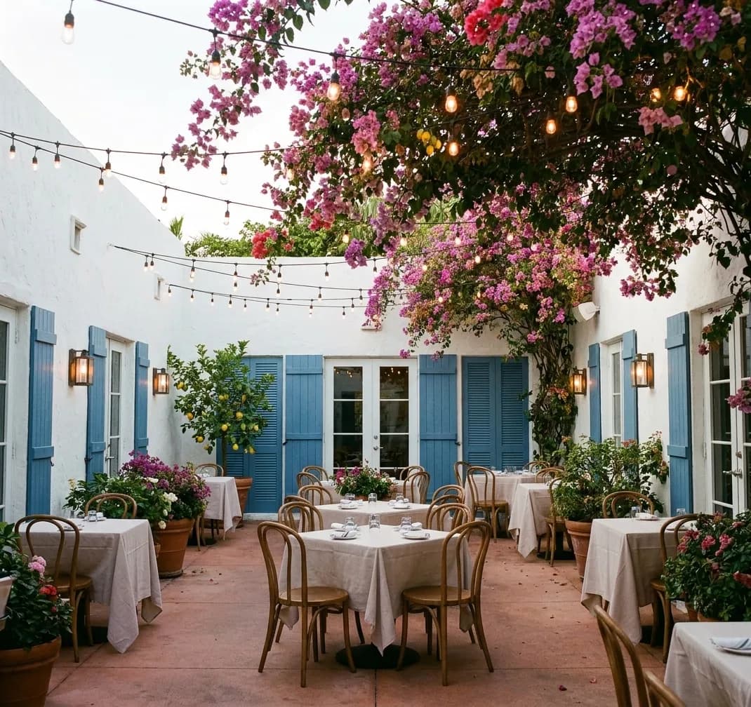 A whitewashed courtyard restaurant in Buena Vista at early evening, blue shutters and white stucco walls around small linen-topped tables under bougainvillea and strung bulbs