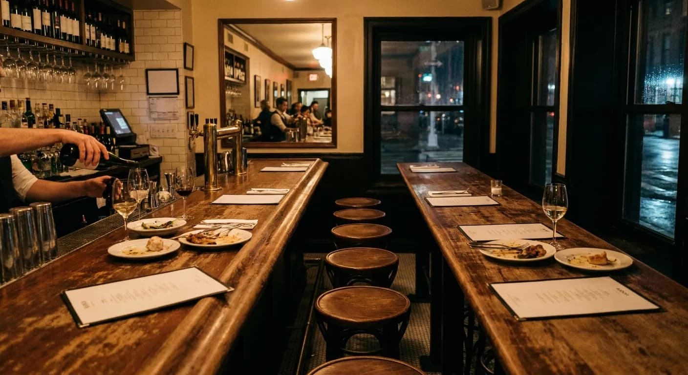 The wooden bar of a small New York restaurant on a weeknight, occupied stools and plates along the counter