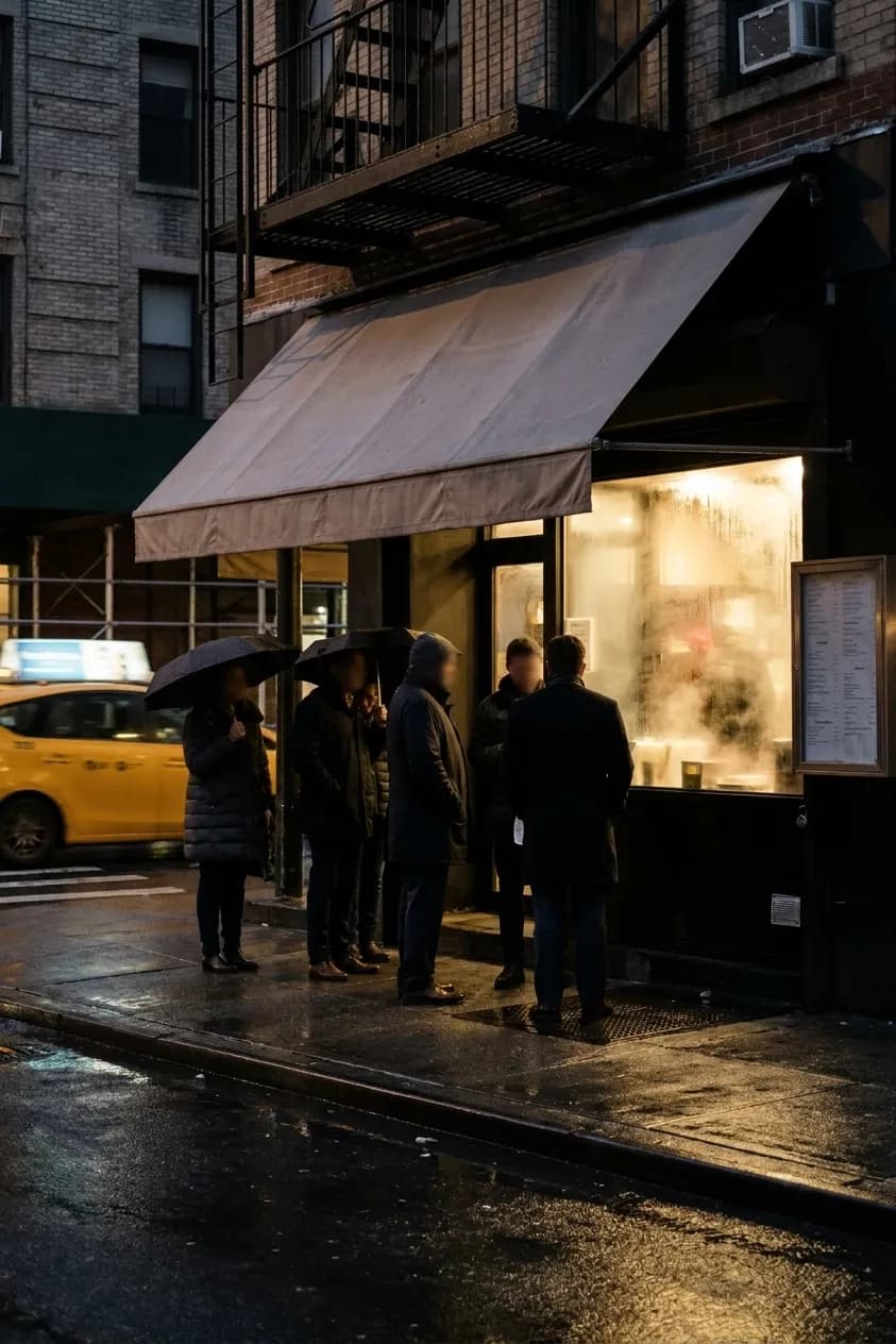 People waiting on a wet New York pavement outside a small restaurant, warm light on the street from a steamed window