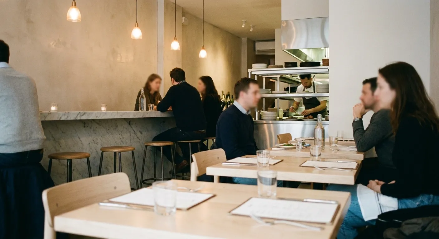 A newly opened New York restaurant on an early weeknight, pale wood tables half occupied and a short marble bar with three stools taken, a cook plating at the pass behind