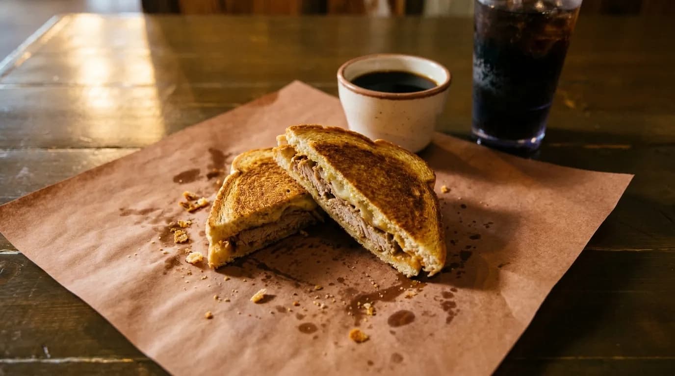A pressed Cuban sandwich cut on the diagonal on butcher paper beside a small cup of dark coffee