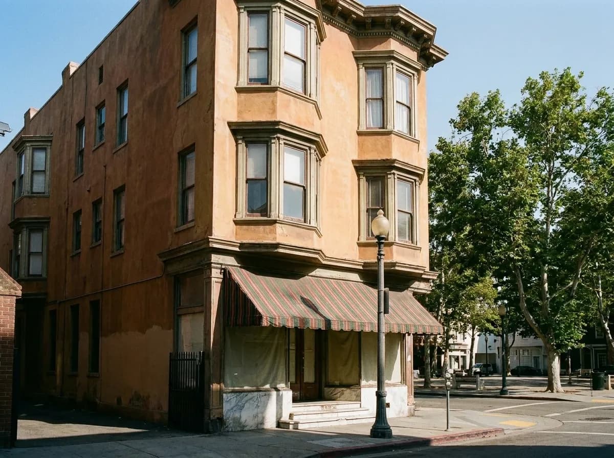 A corner building with bay windows and a striped shopfront awning in an old Italian-American city neighbourhood