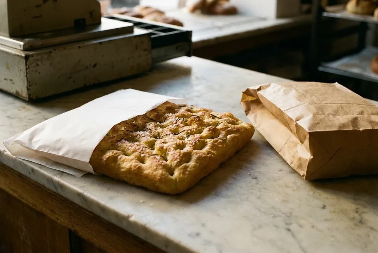 A slab of plain focaccia wrapped in white paper on a marble counter with a paper bag beside it