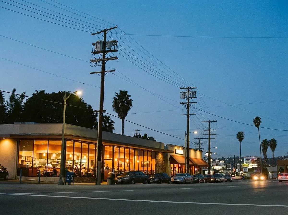 A low-rise Los Angeles boulevard at dusk with warm light behind restaurant windows and parked cars along the kerb