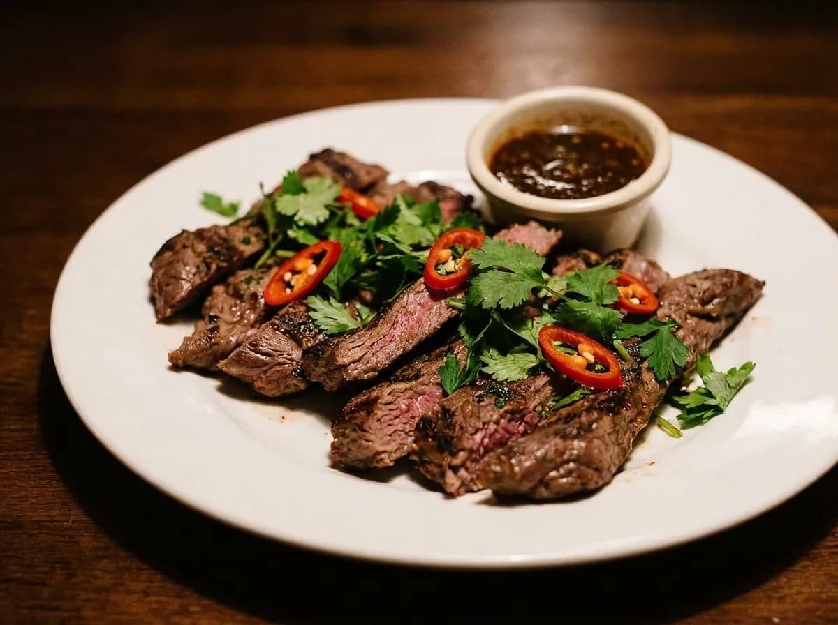 A plate of chilli-flecked grilled meat and herbs on a bare wooden restaurant table under warm light
