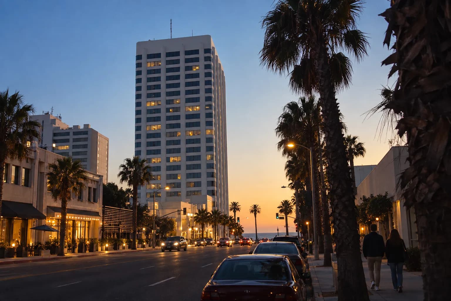 A tree-lined Santa Monica boulevard at dusk with the last sea light in the sky, a lit awning halfway down the block and two figures walking away
