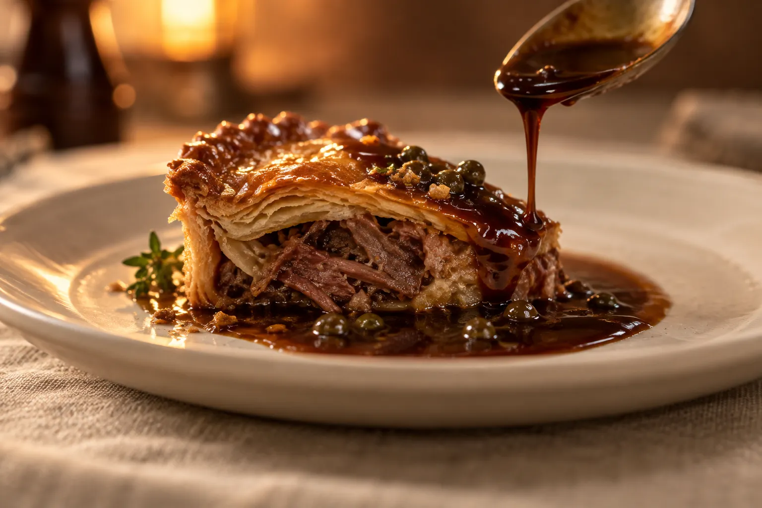 A single small portion on a warm white rimmed plate with a dark glossy sauce pooling around it, shot from plate level with a spoon lifting away