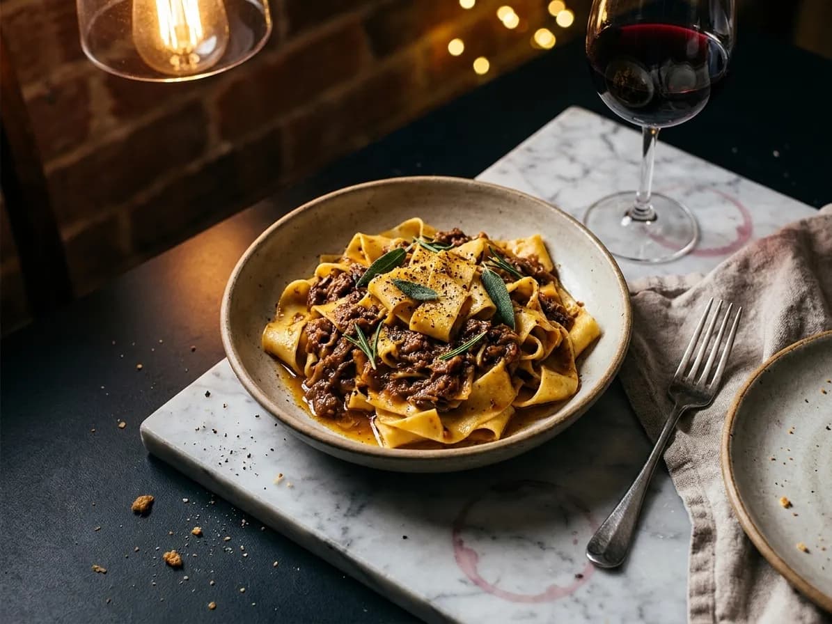 A bowl of wide hand-cut pasta in dark ragu on a marble table beside a glass of red wine, lit by a single warm pendant in a brick-walled room