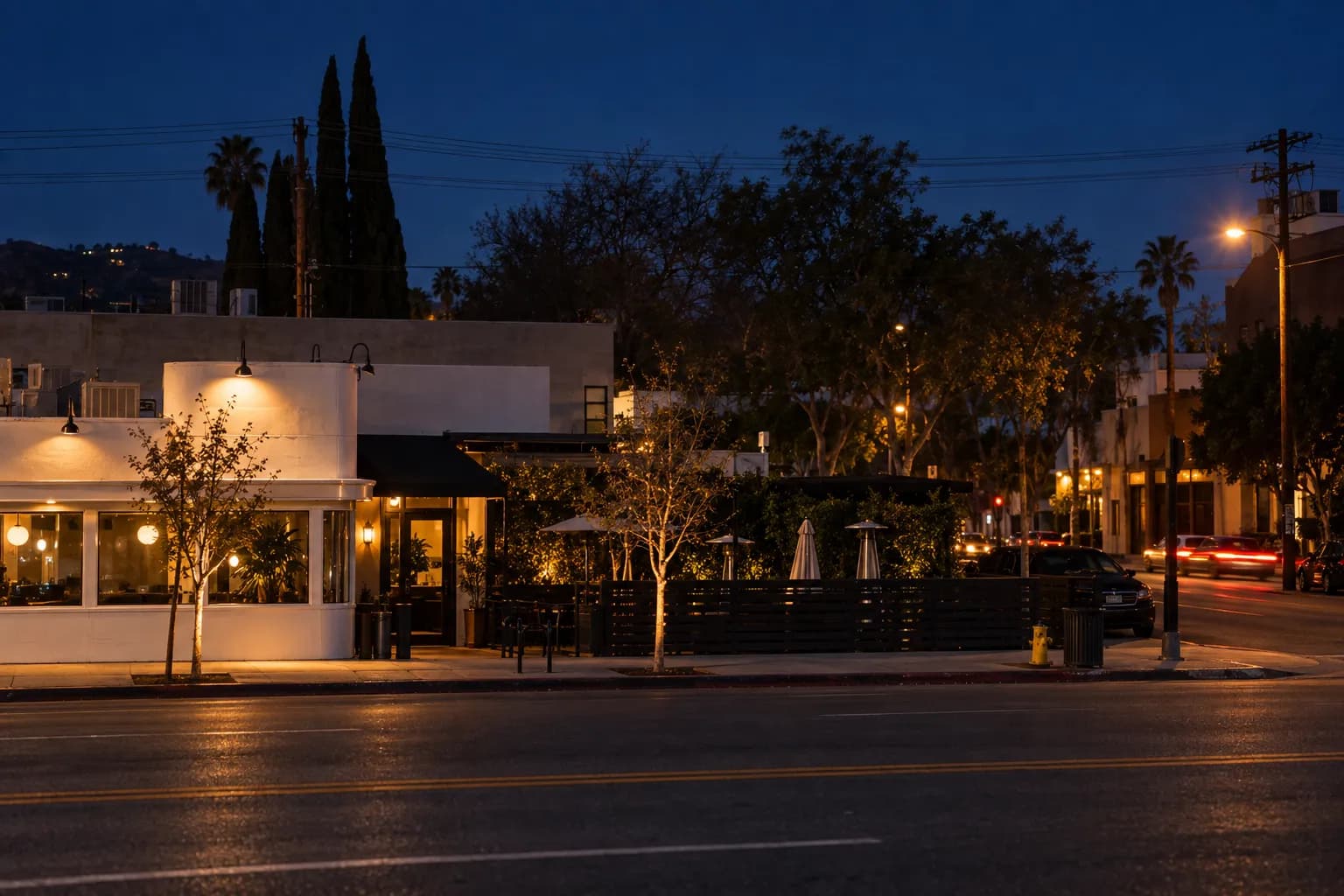 A wide, near-empty Los Angeles boulevard late at night, low commercial buildings and palms in silhouette, one discreet lit entrance under an awning
