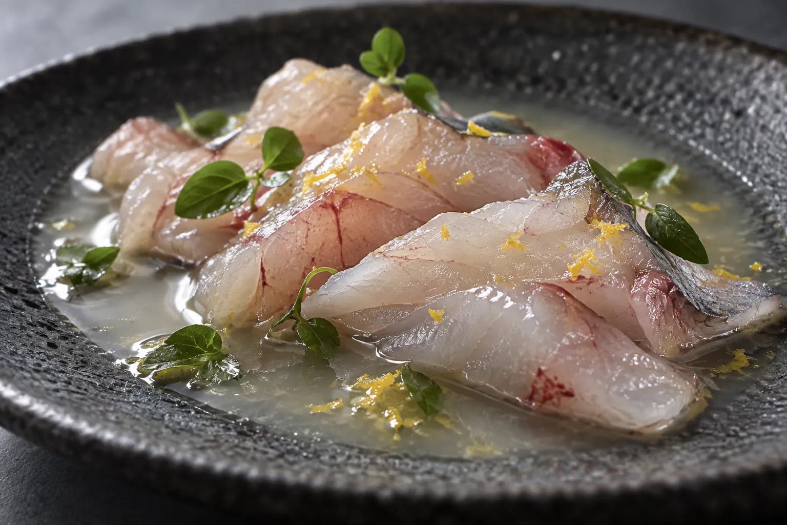 Thin slices of raw white fish on a dark stone plate with a clear pale broth, small green leaves and citrus zest, lit from one side