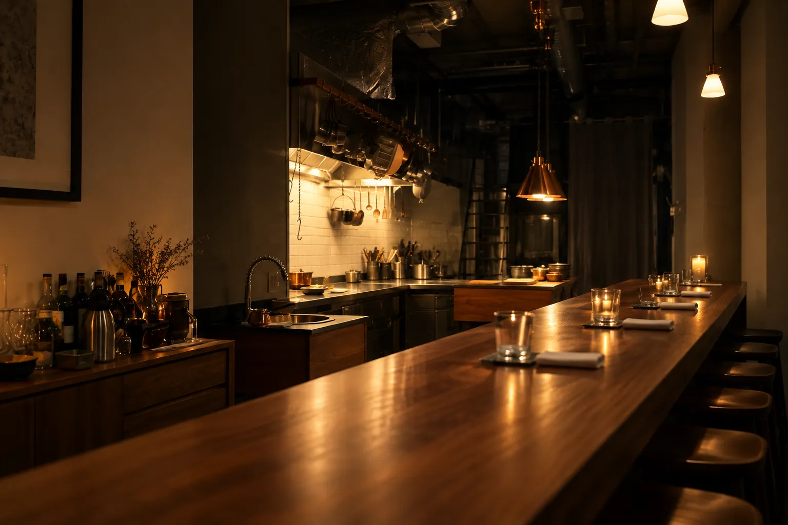 A very small restaurant counter before service, fewer than a dozen empty stools and a pool of warm light on the polished worktop, dark kitchen behind