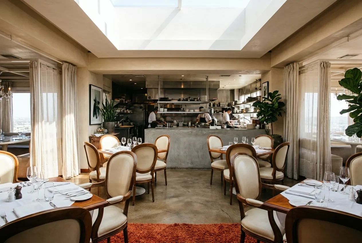 Empty tables in an upscale Los Angeles restaurant dining room during lunch service with natural light