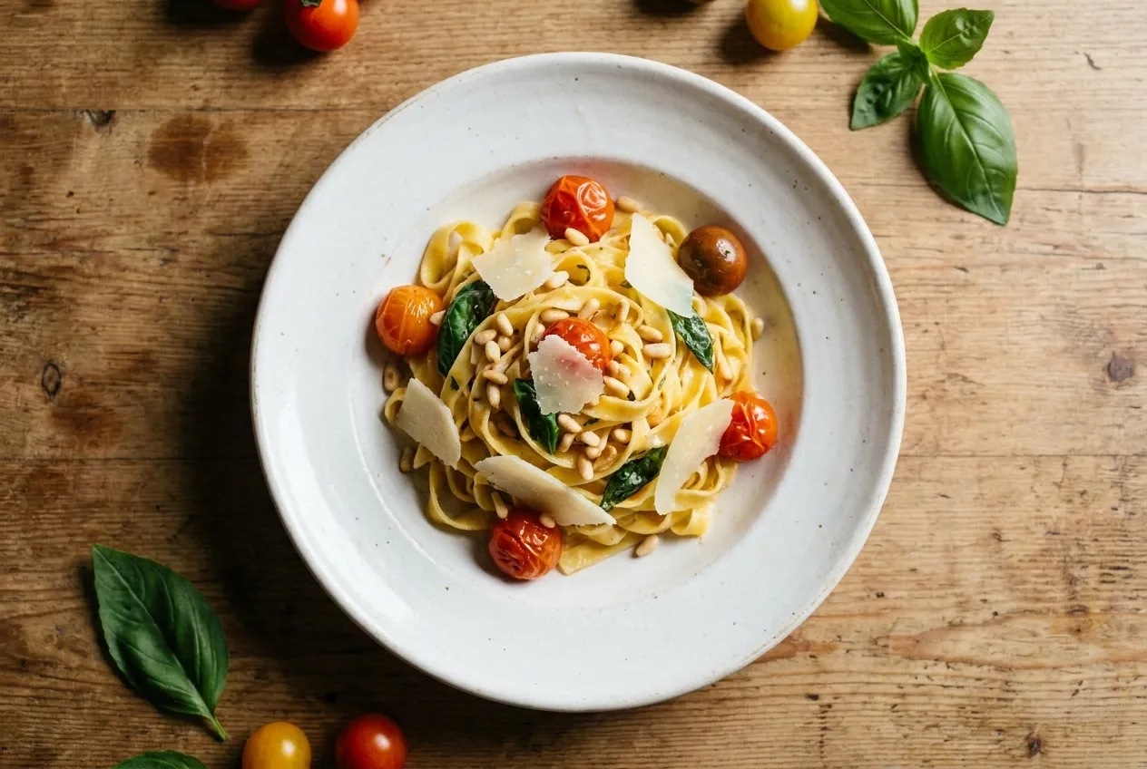 Overhead view of a pasta dish on a white plate at a Los Angeles restaurant during lunch service