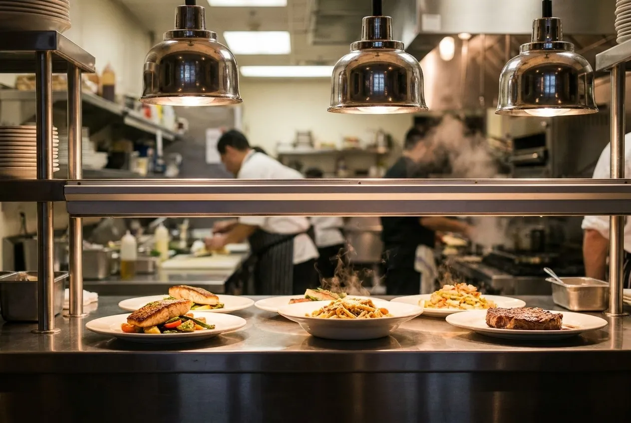 Restaurant kitchen pass with plated dishes under warm light in Los Angeles dining room