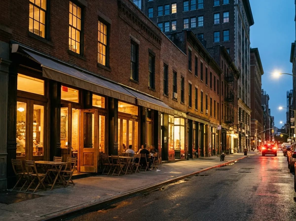 A narrow downtown Manhattan restaurant block at dusk with glowing storefront windows and sidewalk tables under an awning