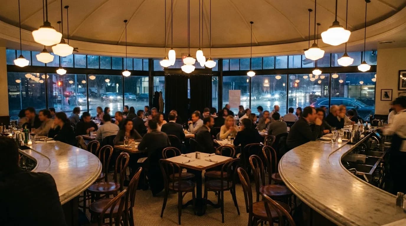 A small crowded restaurant dining room with a marble bar, bentwood chairs and warm evening light through a storefront window