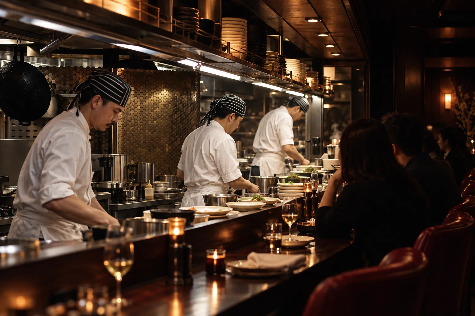 A long low-lit dining counter in dark rosewood and red leather wrapping around a brightly lit open kitchen with cooks working at the pass