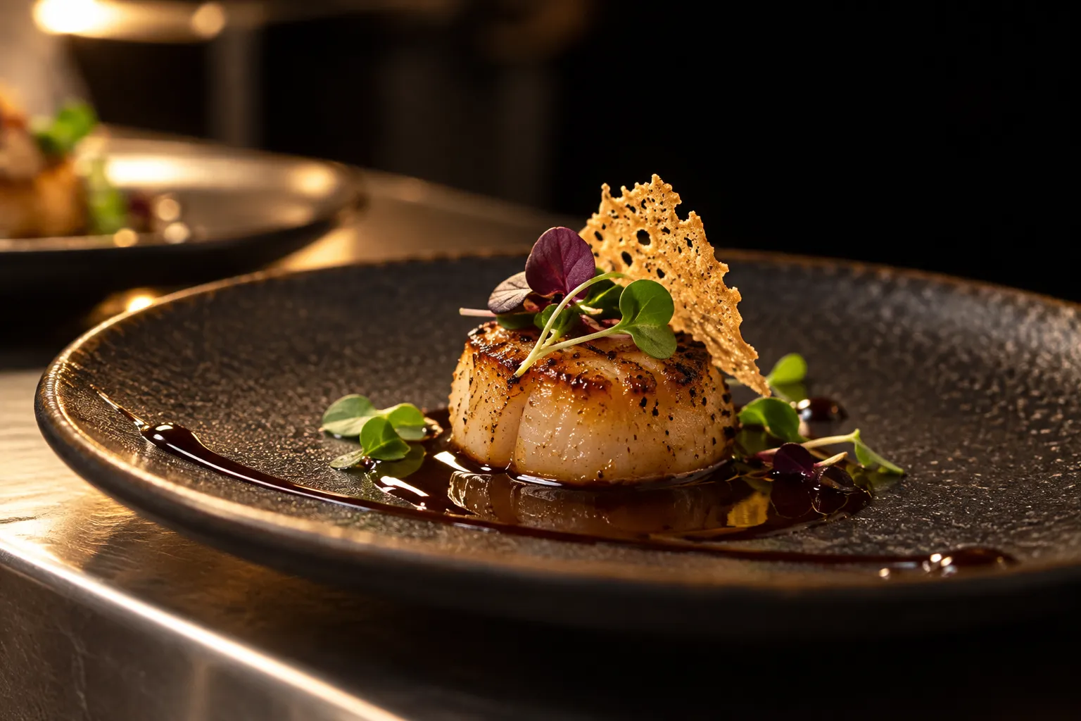 An extreme macro of a single precisely composed bite on a small dark plate over a mirror-glossy reduction, lit hard from one side against near-black