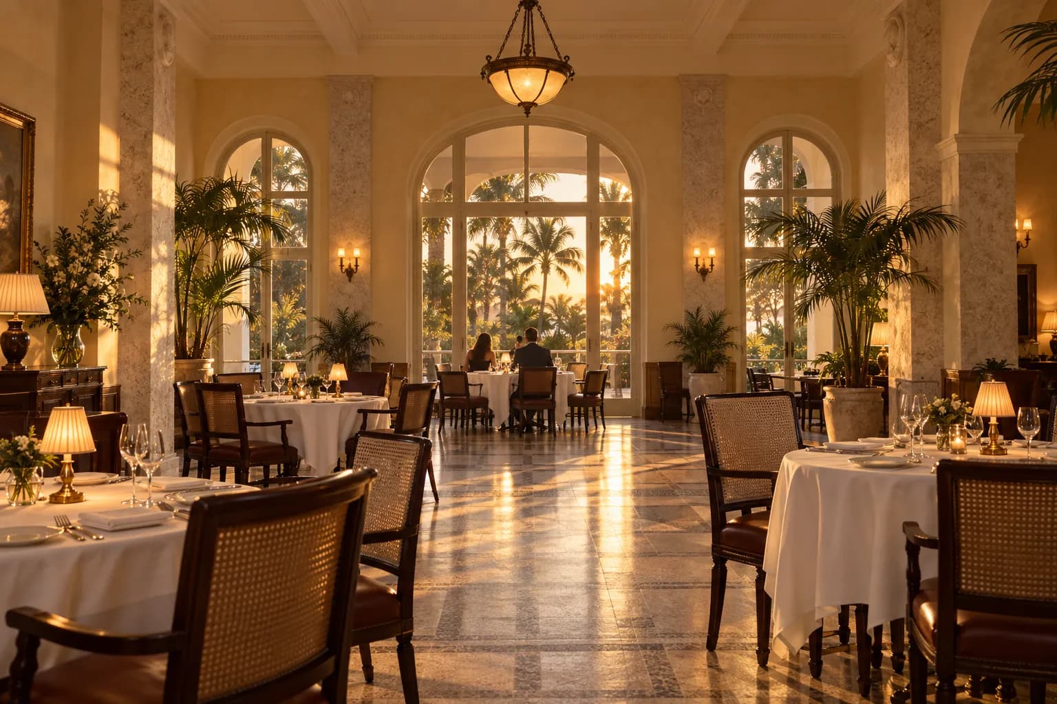 A grand 1930s clubhouse dining room at dusk, low sun through tall arched windows onto white linen with table lamps just switched on and palms outside